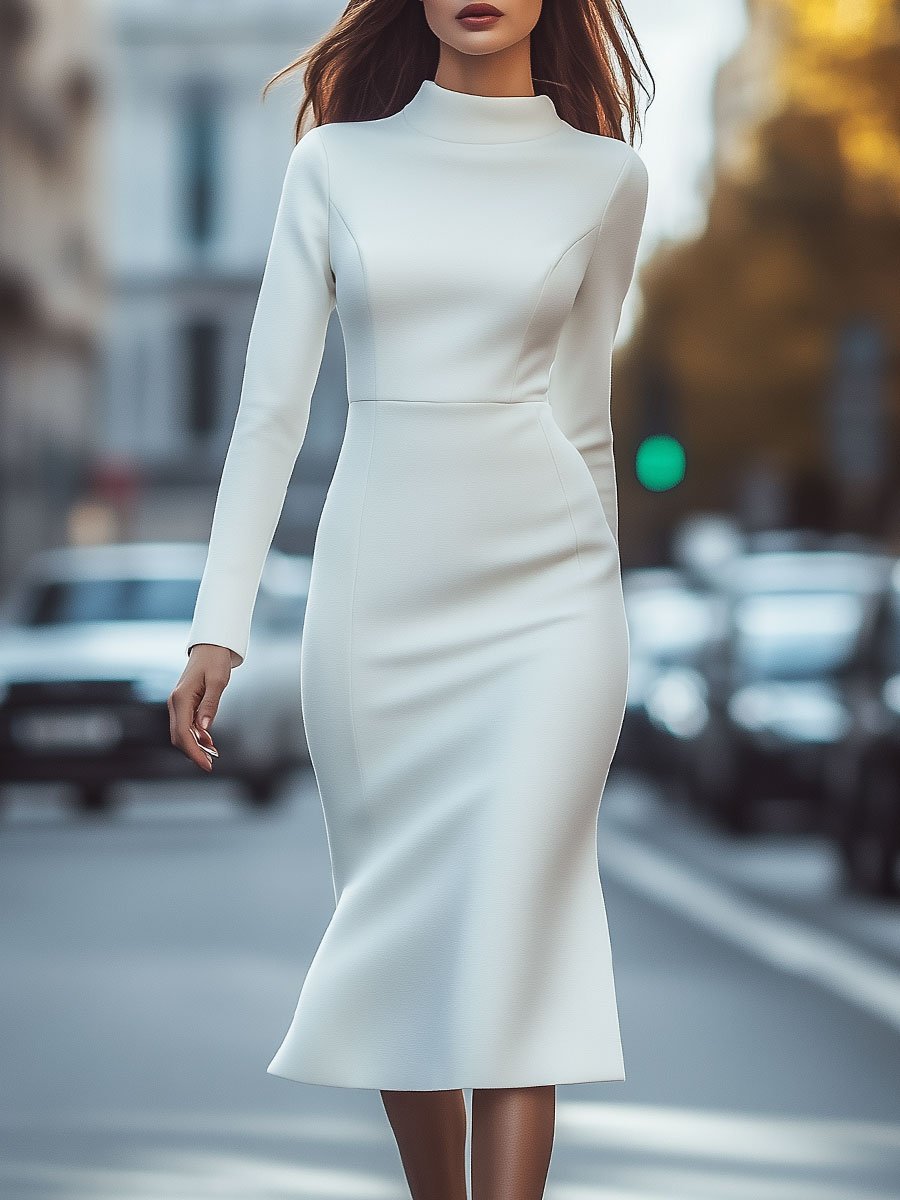 Minimalist Ivory High-Neck Bodycon Dress