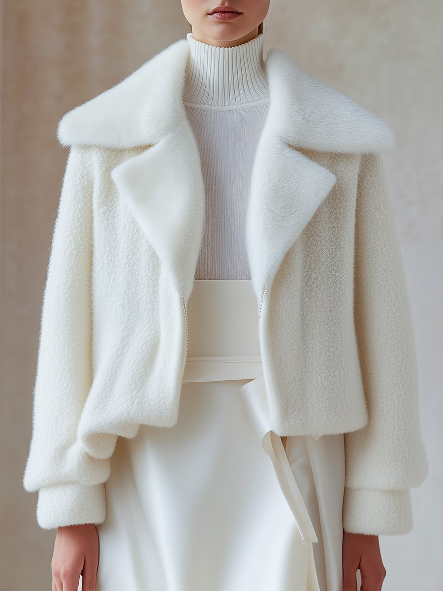 Luxurious White Fluffy Collar Winter Coat