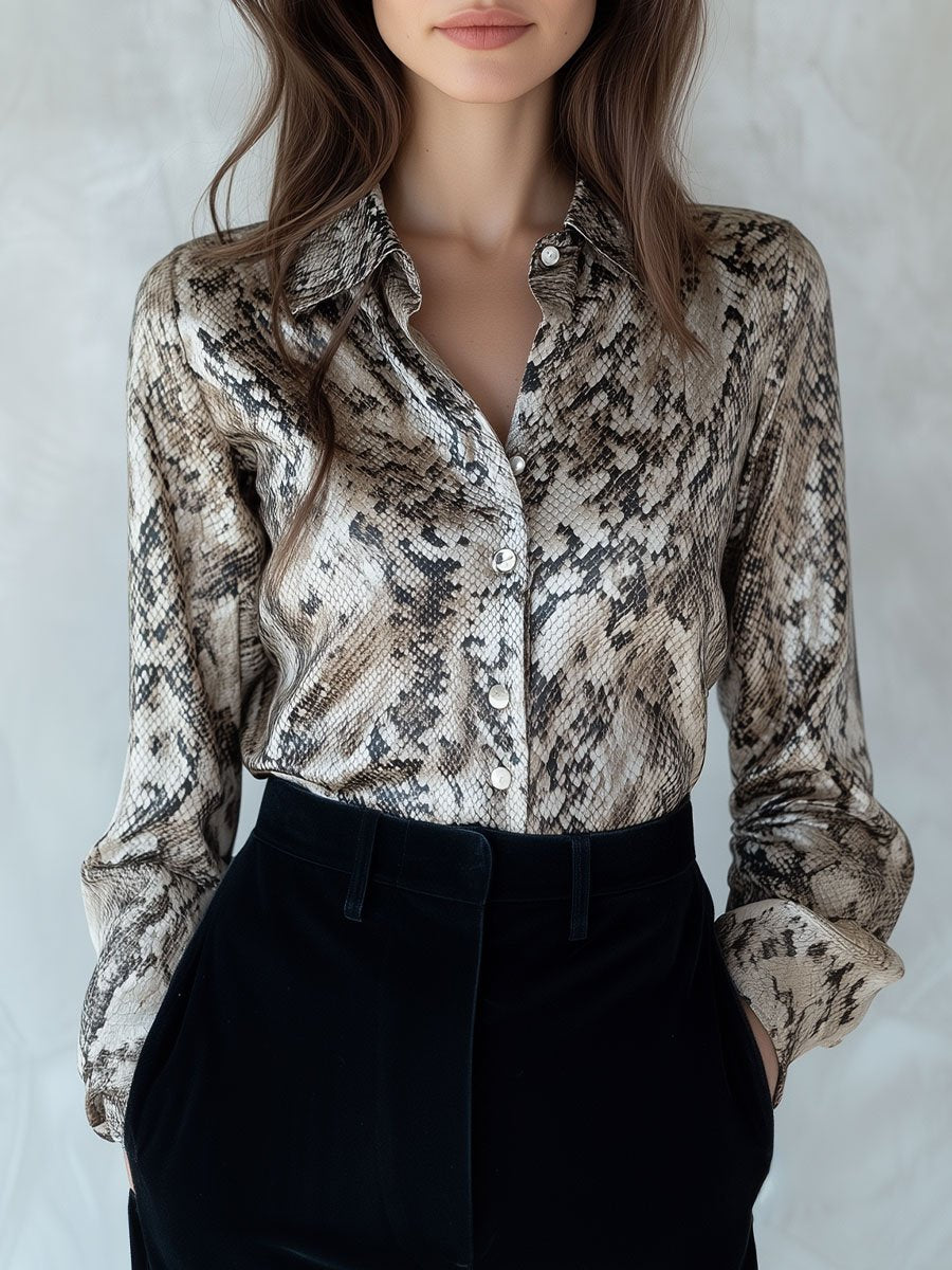 Chic Snakeskin Print Satin Blouse