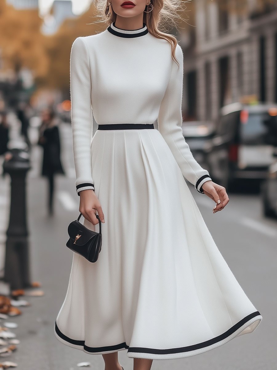 Elegant White A-Line Dress with Black Trim Accents