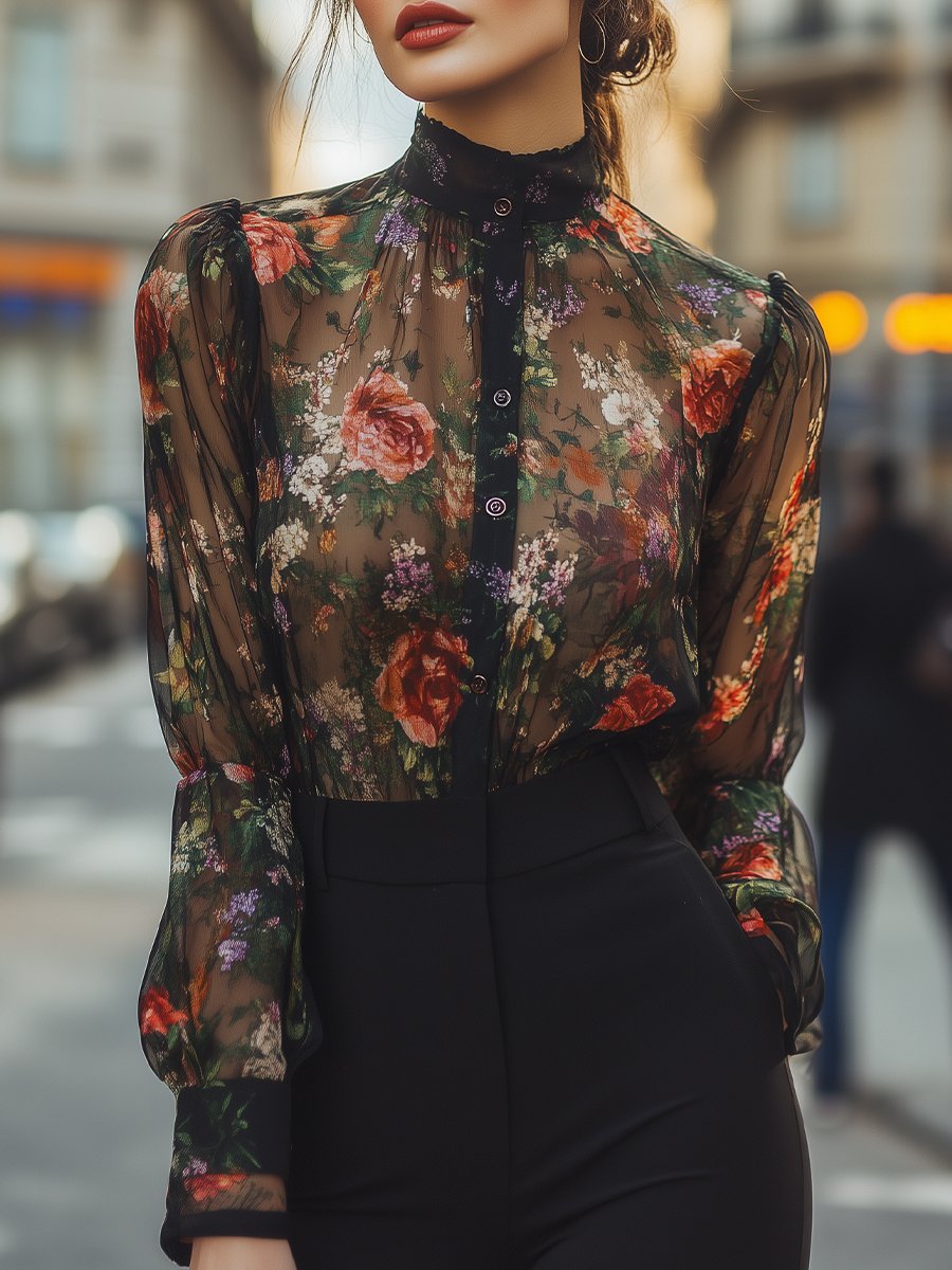 Vintage-Inspired Black Sheer Top with Floral Pattern