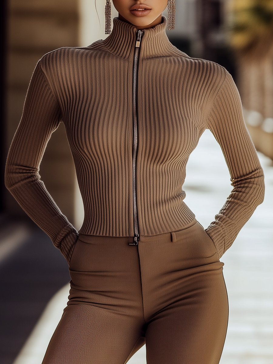 Sleek Ribbed Zip-Up Turtleneck Top in Taupe