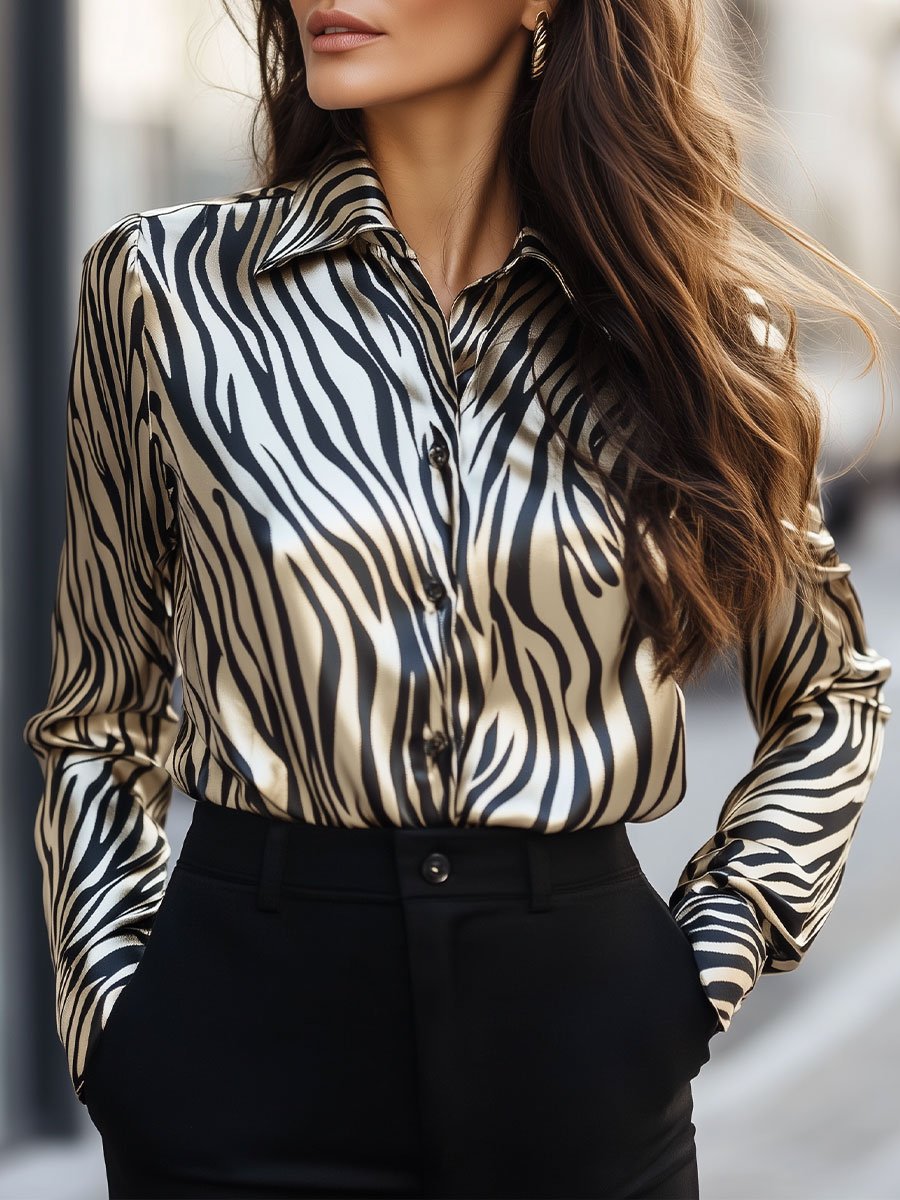 Modern Chic Zebra Satin Button-Down Blouse