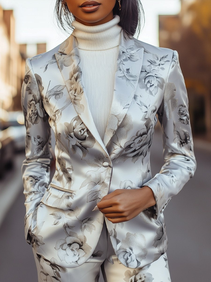 Refined Satin Blazer in Delicate Floral Patterns