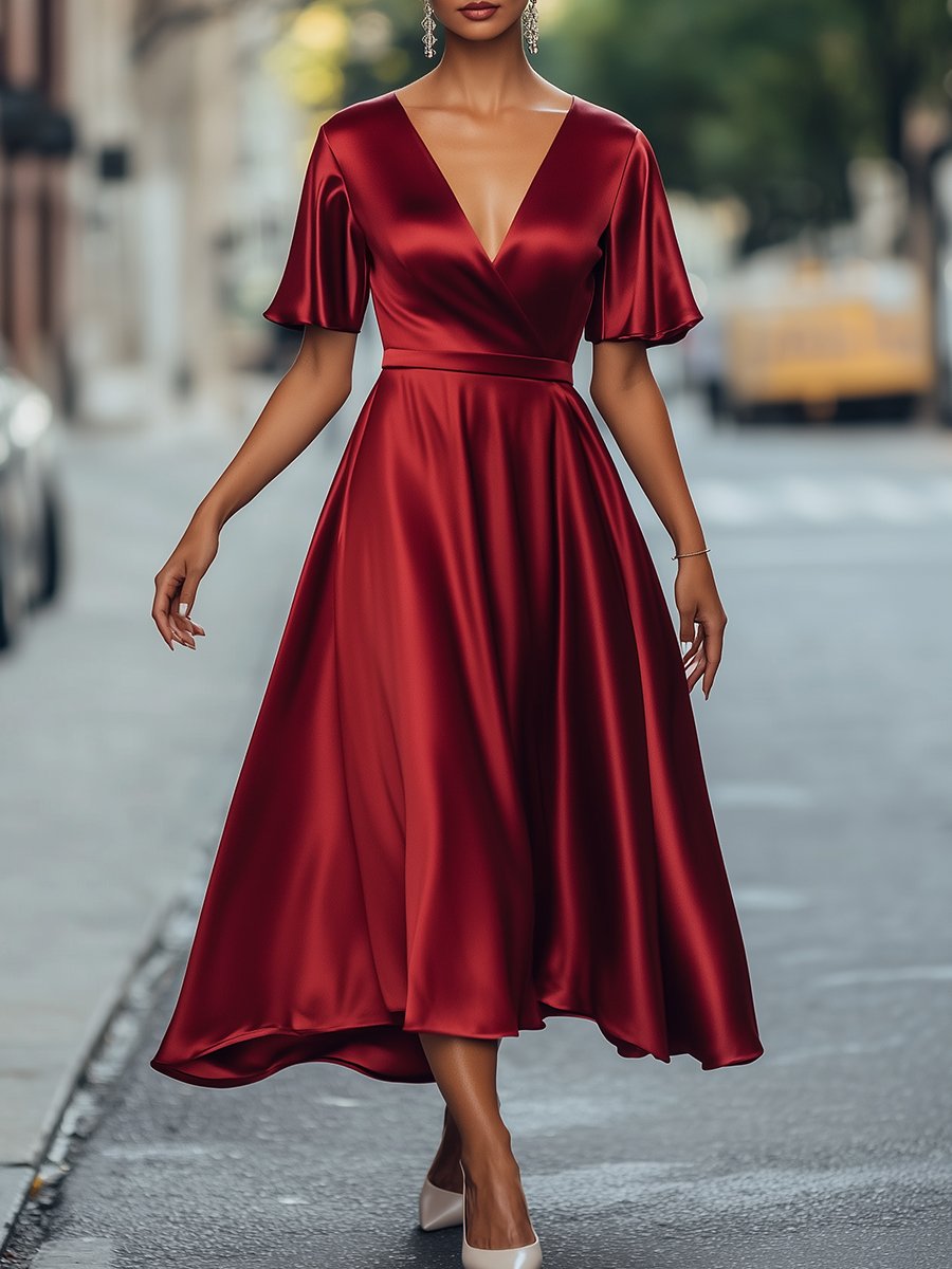 Red Satin Wrap Midi Dress with Flutter Sleeves