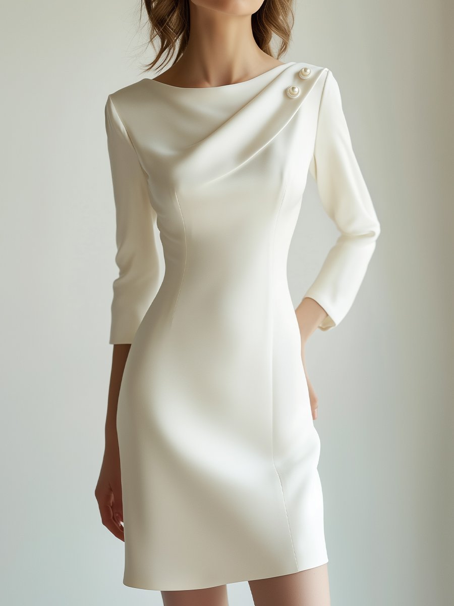 Timeless White Sheath Dress with Draped Shoulder and Pearl Buttons