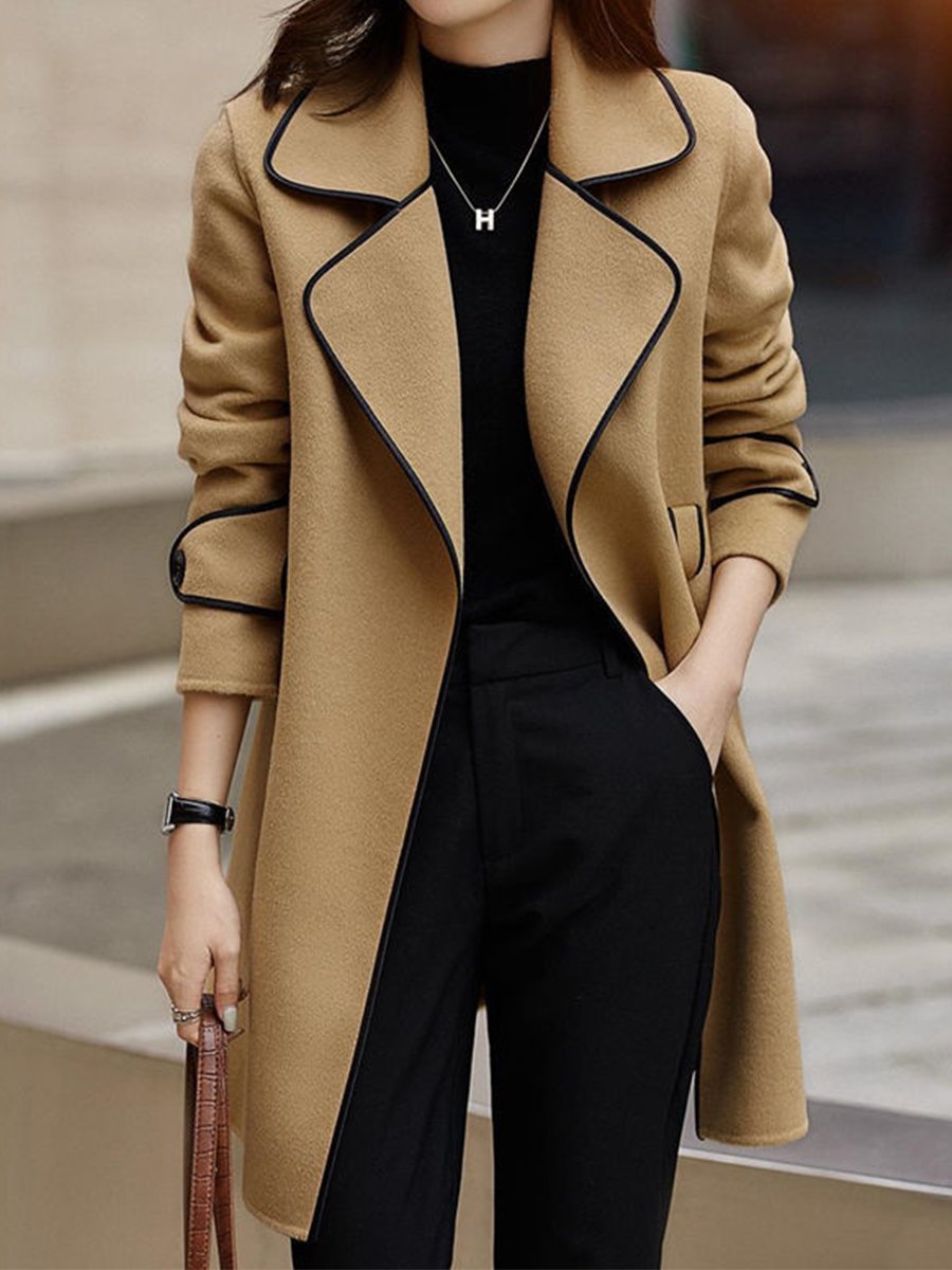 Chic Contrast-Trim Coat with Belt