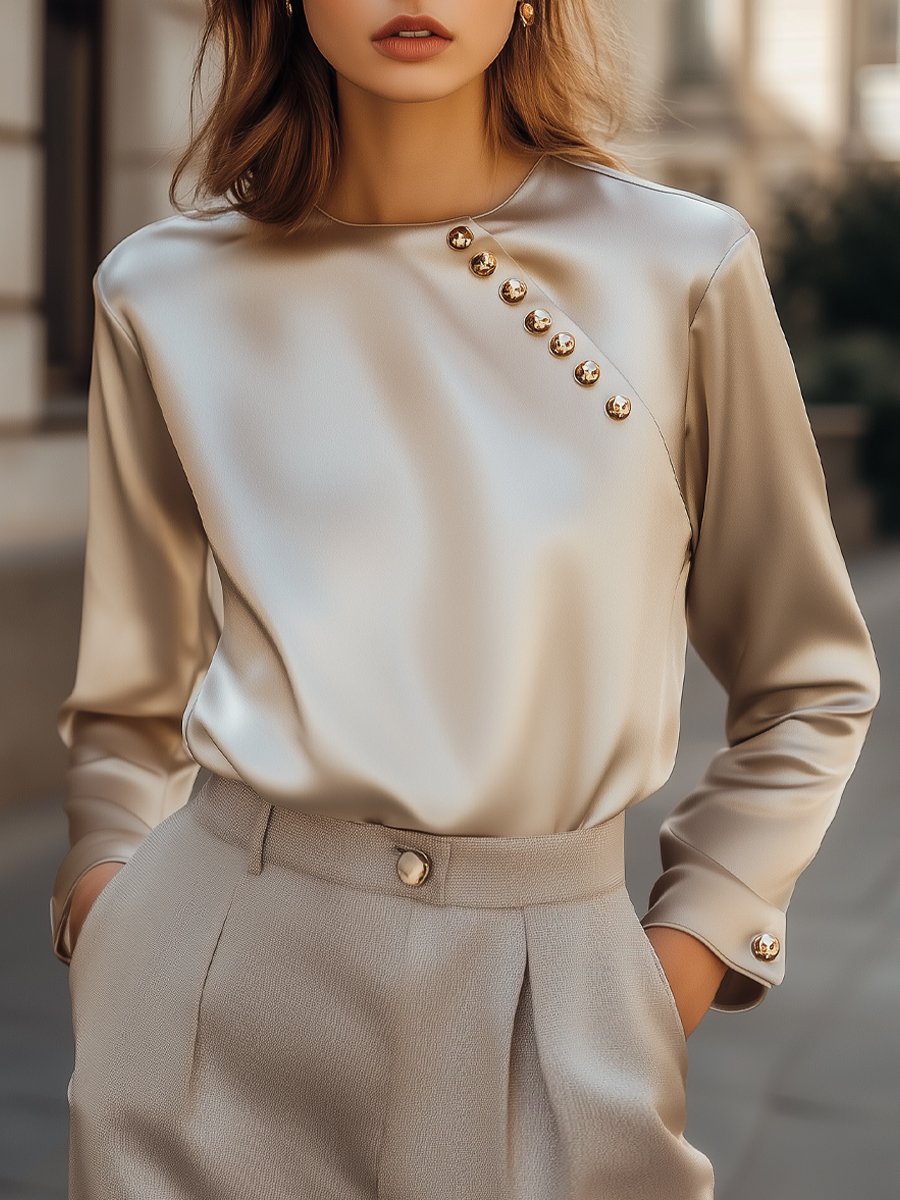 Champagne Satin Blouse with Gold Button