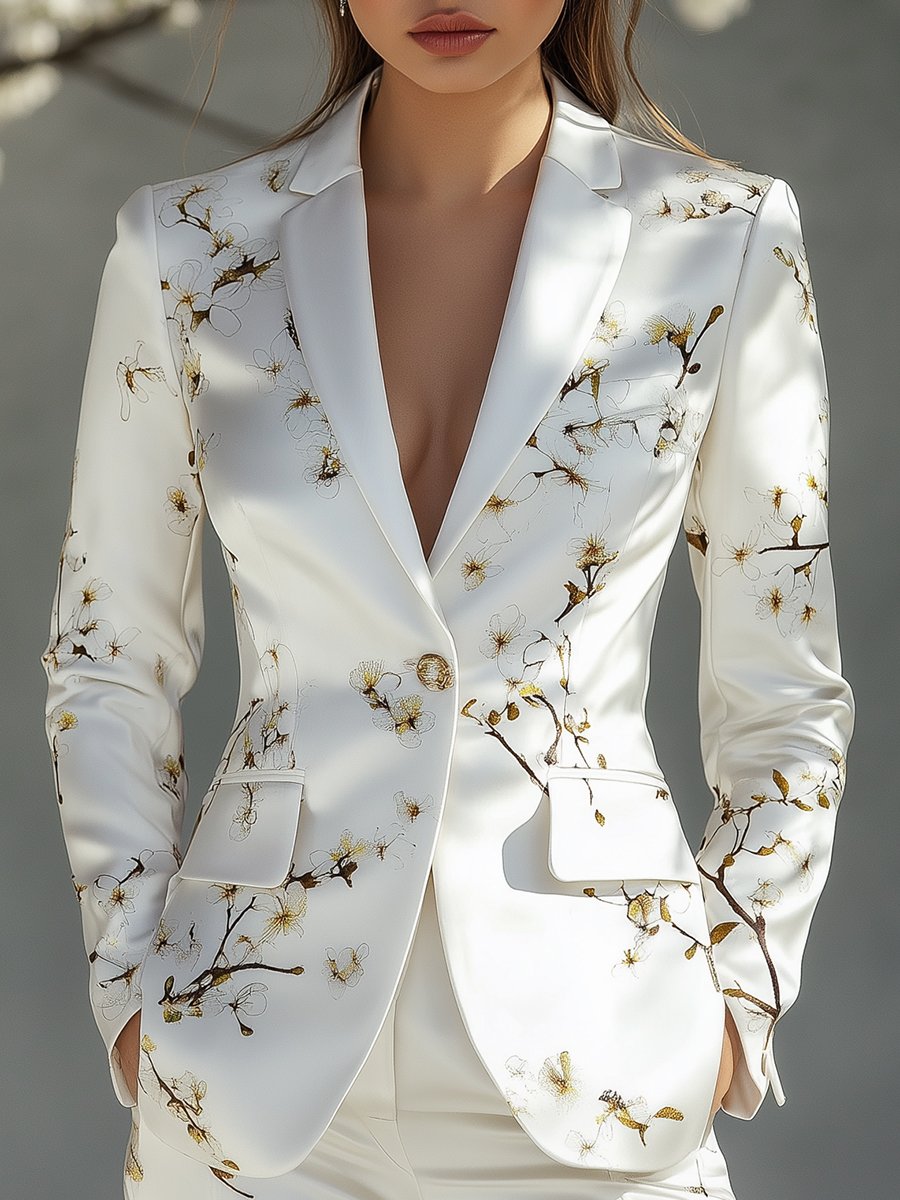 White Satin Blazer with Cherry Floral Branch Design