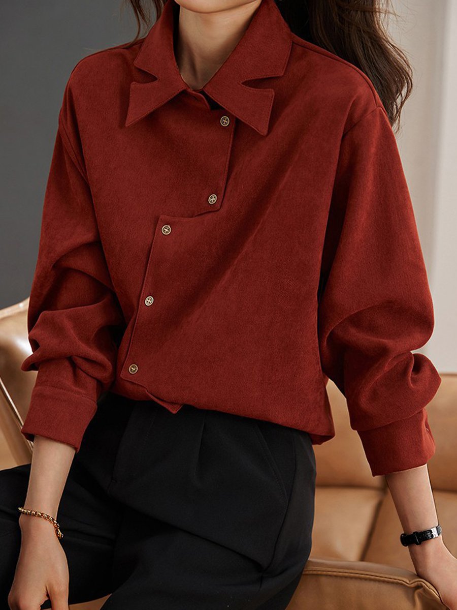 Chic Burgundy Shirt with Unique Collar and Button Design