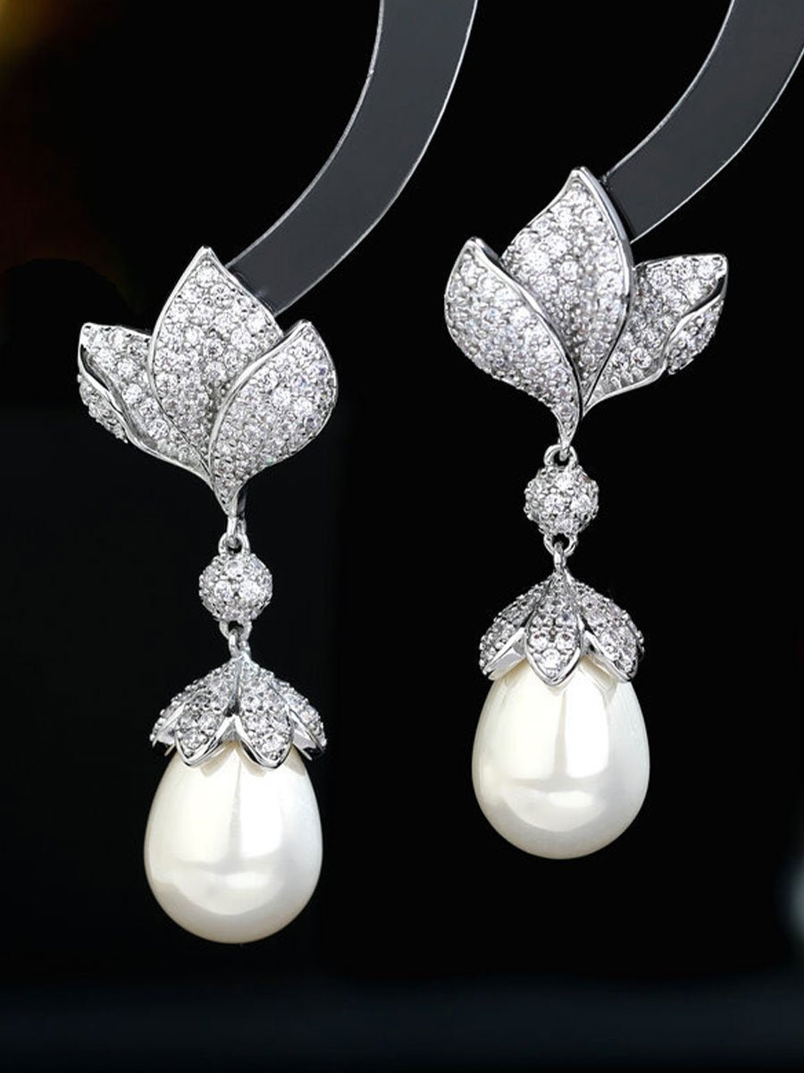 Elegant Pearl Drop Earrings with Crystal Petal Design