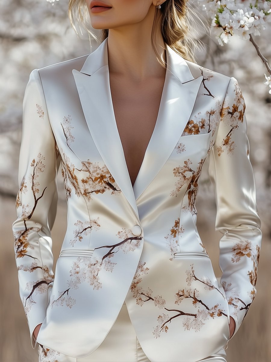 Ivory Satin Blazer with Delicate Cherry Blossom Print