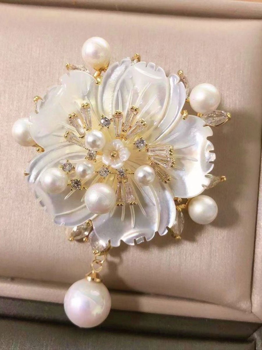 Pearl Flower Brooch with Pearl and Diamond Accents