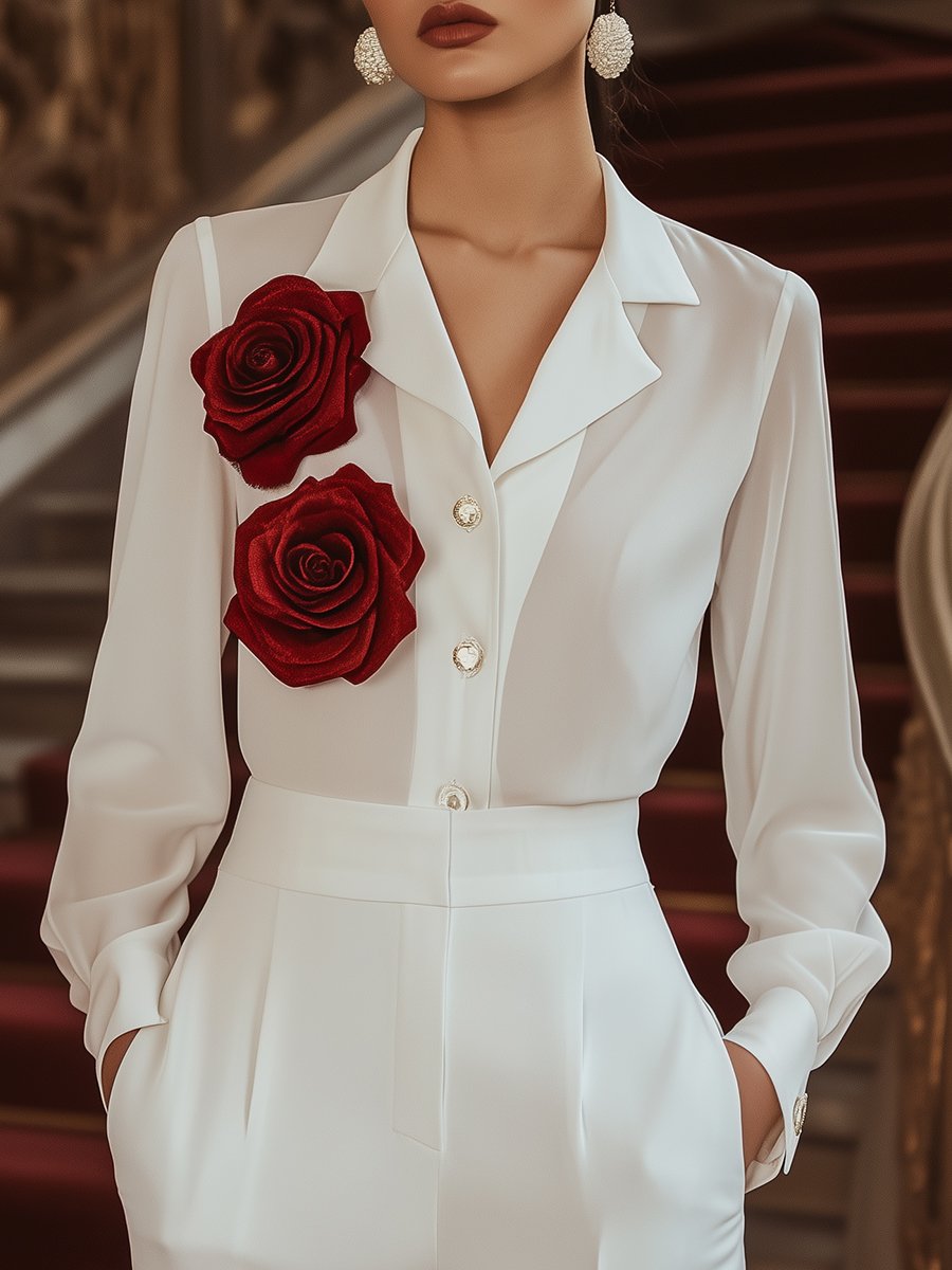 White Button-Up Blouse with Red 3D Rose Embellishments