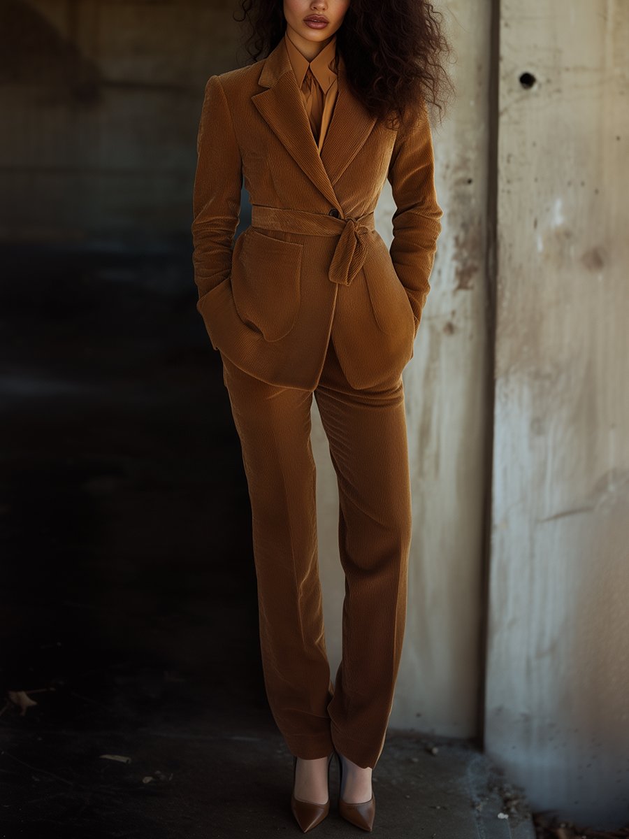 Rich Caramel Corduroy Suit Featuring Tailored Fit and Belted Detail