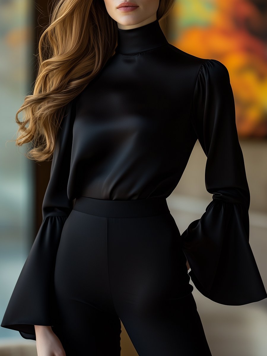 Classic Black Satin High-Neck Blouse