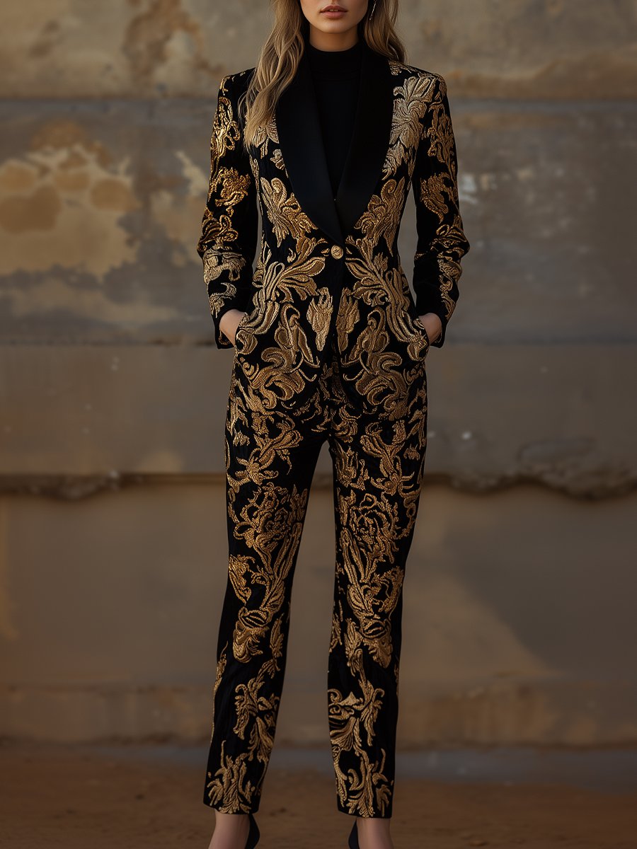 Regal Black and Gold Jacquard Satin Suit