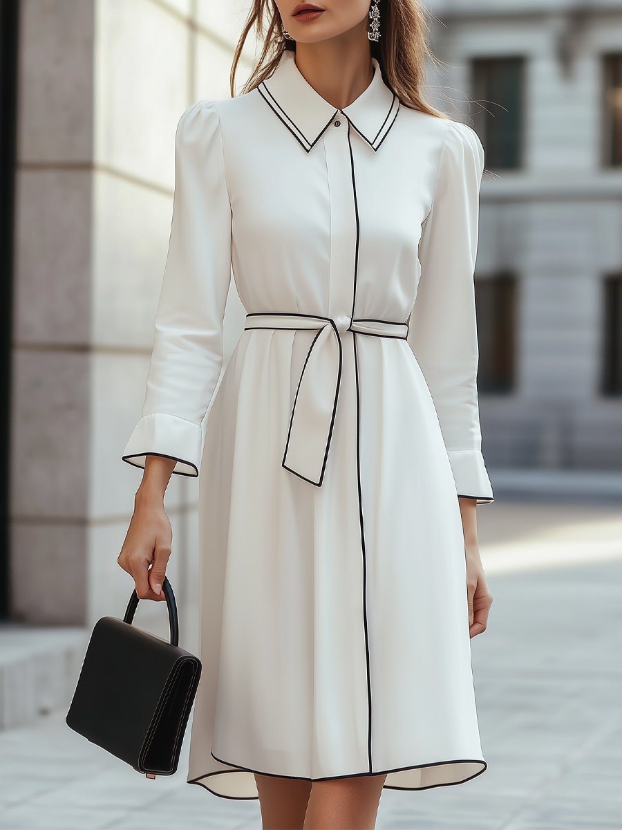 Chic White Belted Shirt Dress with Black Piping Detail