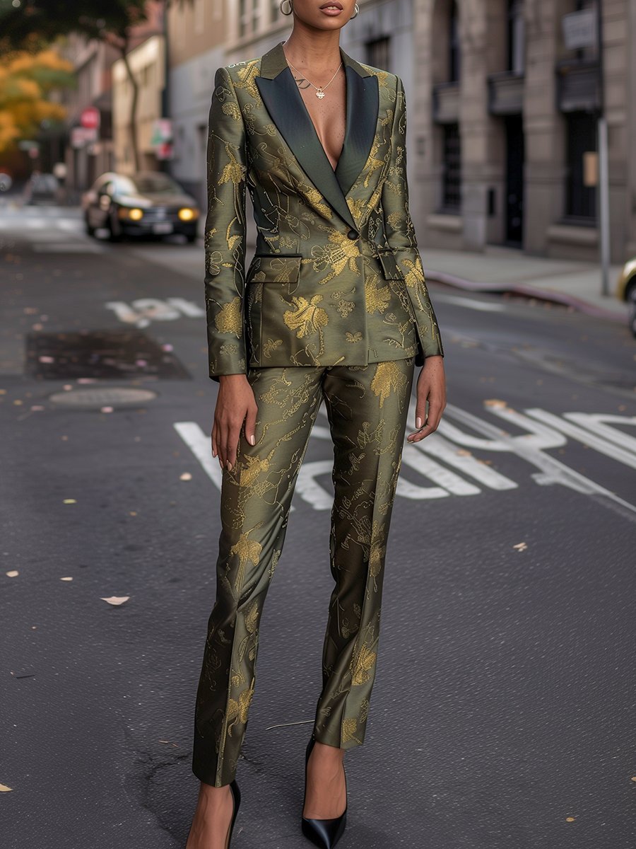 Sophisticated Olive Green Jacquard Suit with Gold Floral