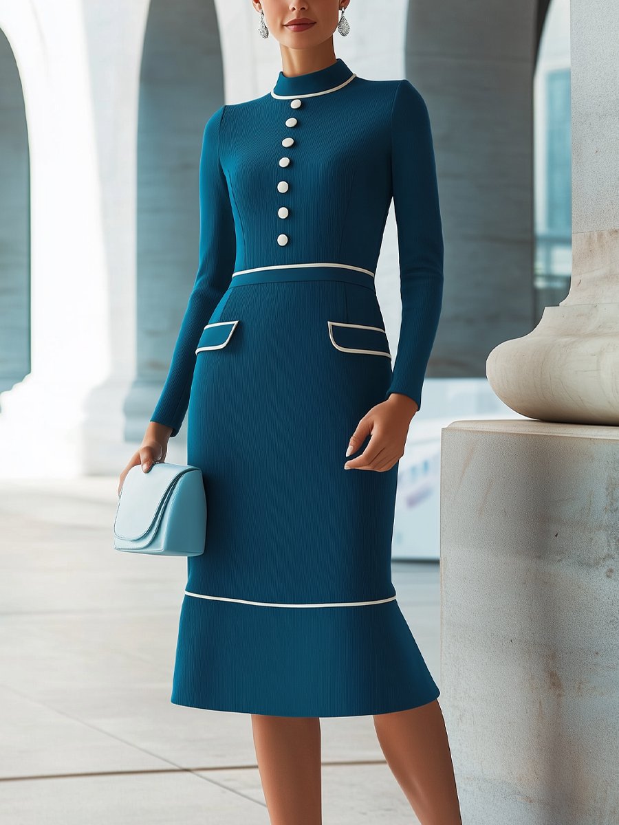 Sophisticated Teal Midi Dress with Decorative Buttons