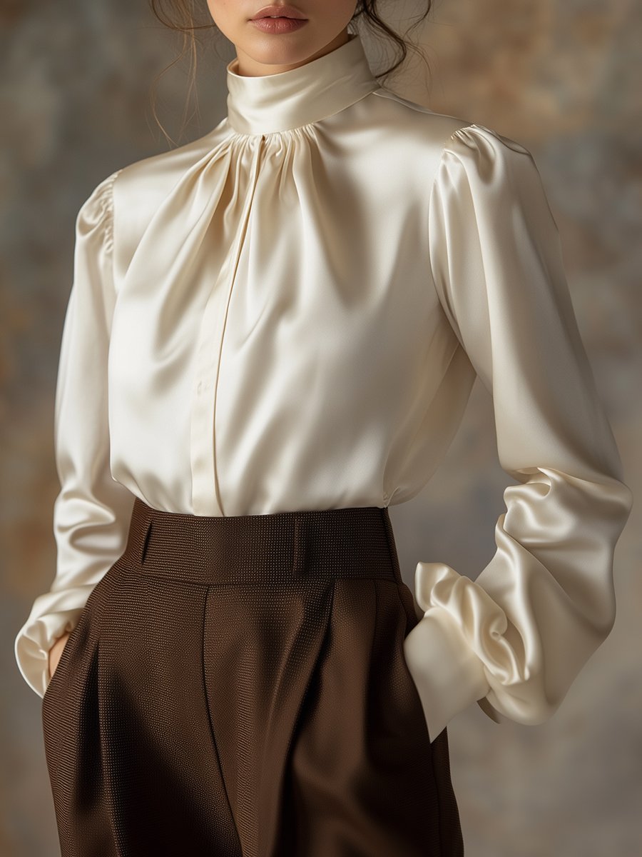 High-Neck Satin Blouse in Ivory