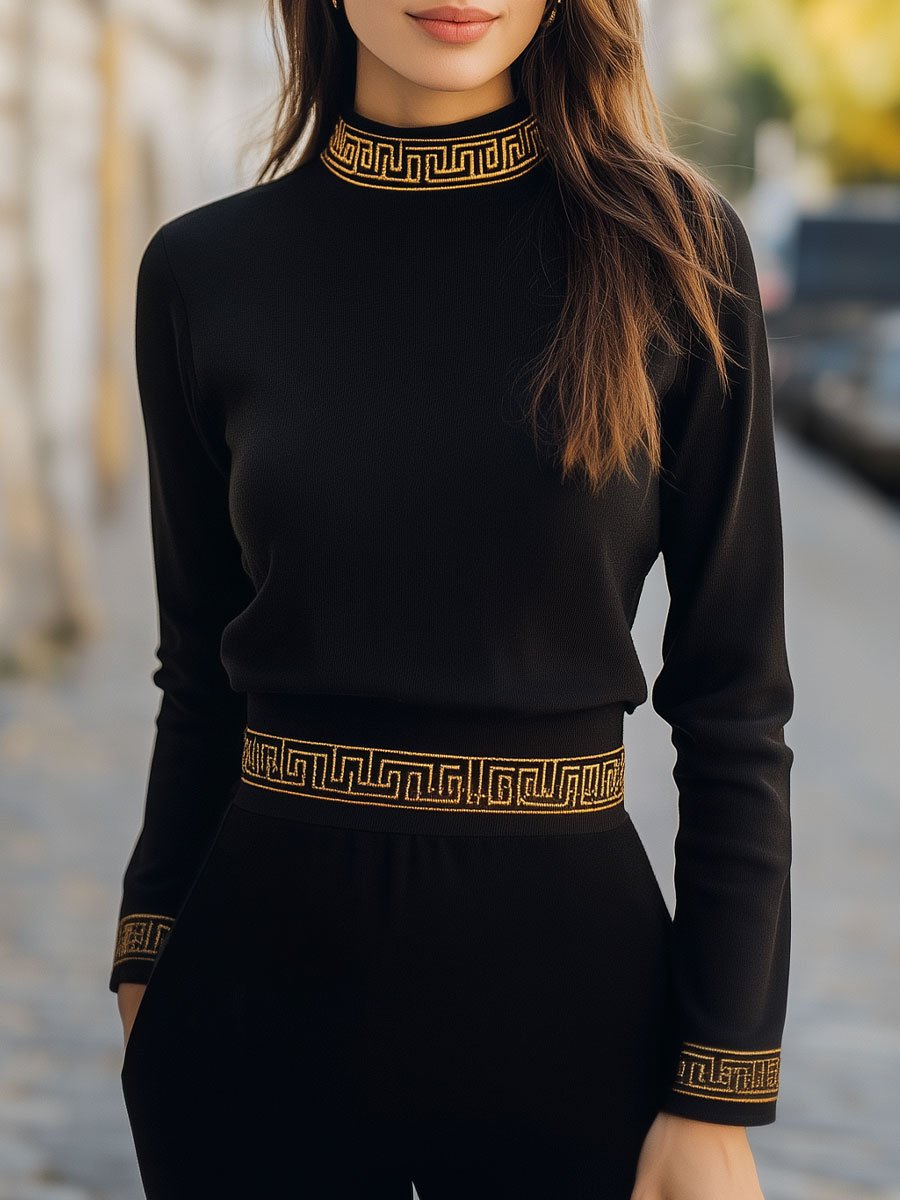 Black Top with Golden Greek Key Print