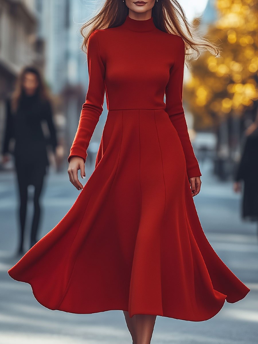 Elegant Red High-Neck Flared Midi Dress