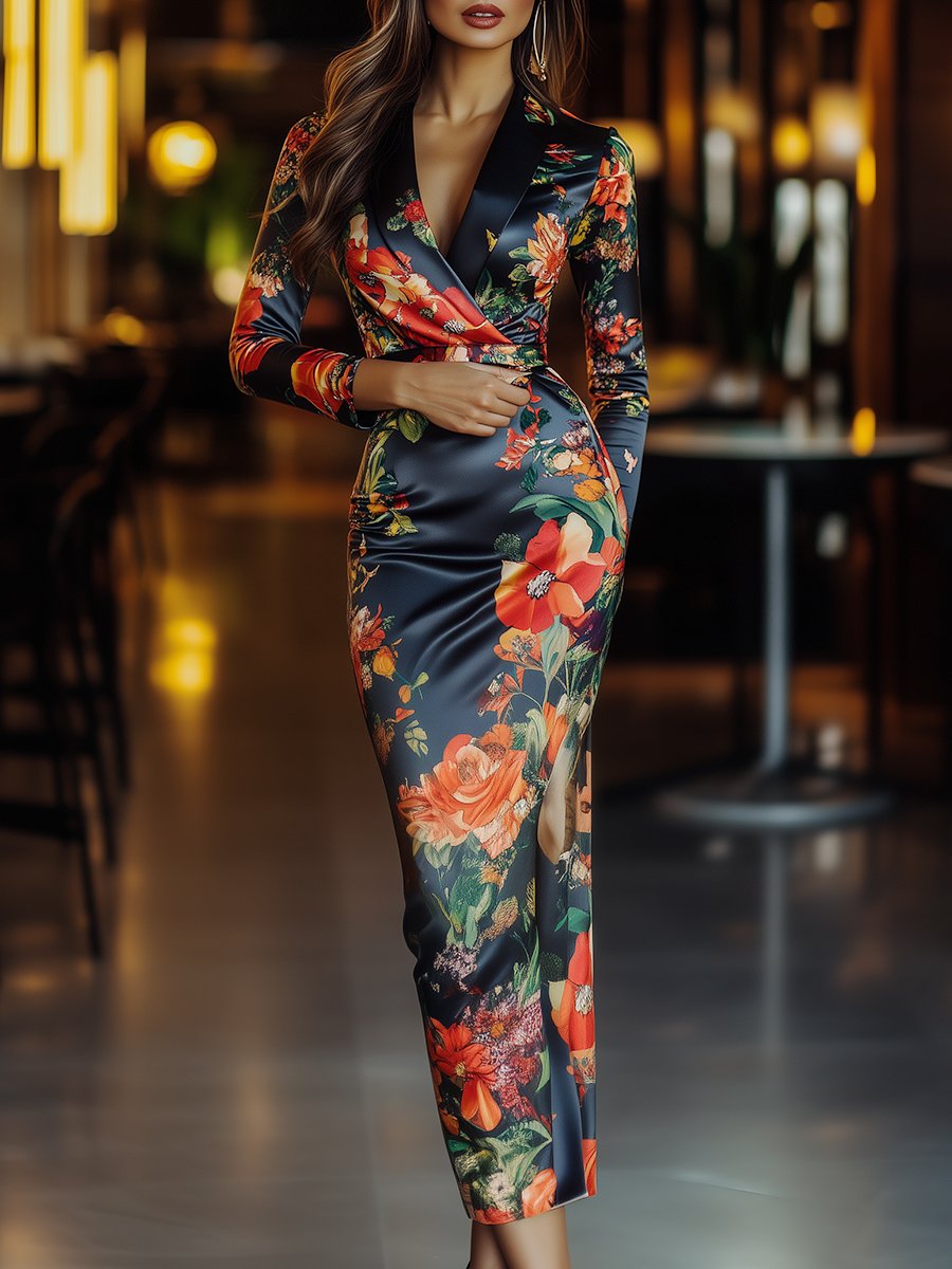 Floral Elegance Satin Wrap Dress in Black