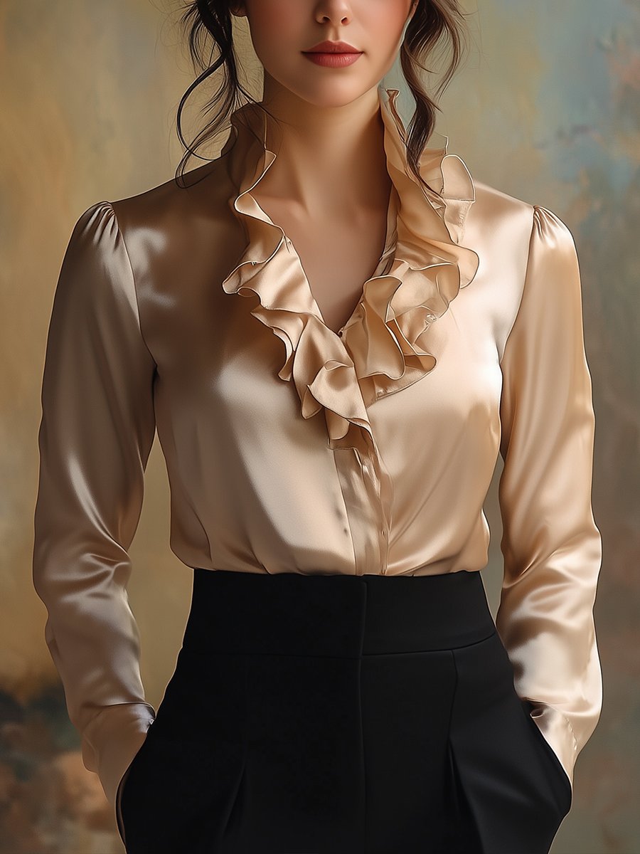 Elegant Satin Blouse with Romantic Ruffled Collar