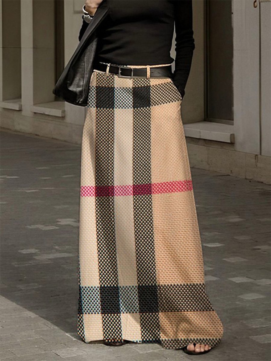 Classic Plaid Wide-Leg Maxi Skirt