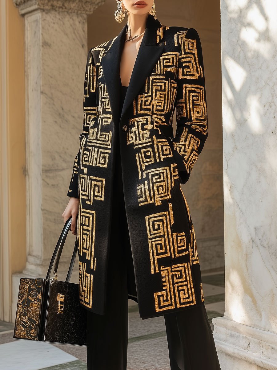 Luxurious Black Coat with Bold Gold Geometric Patterns