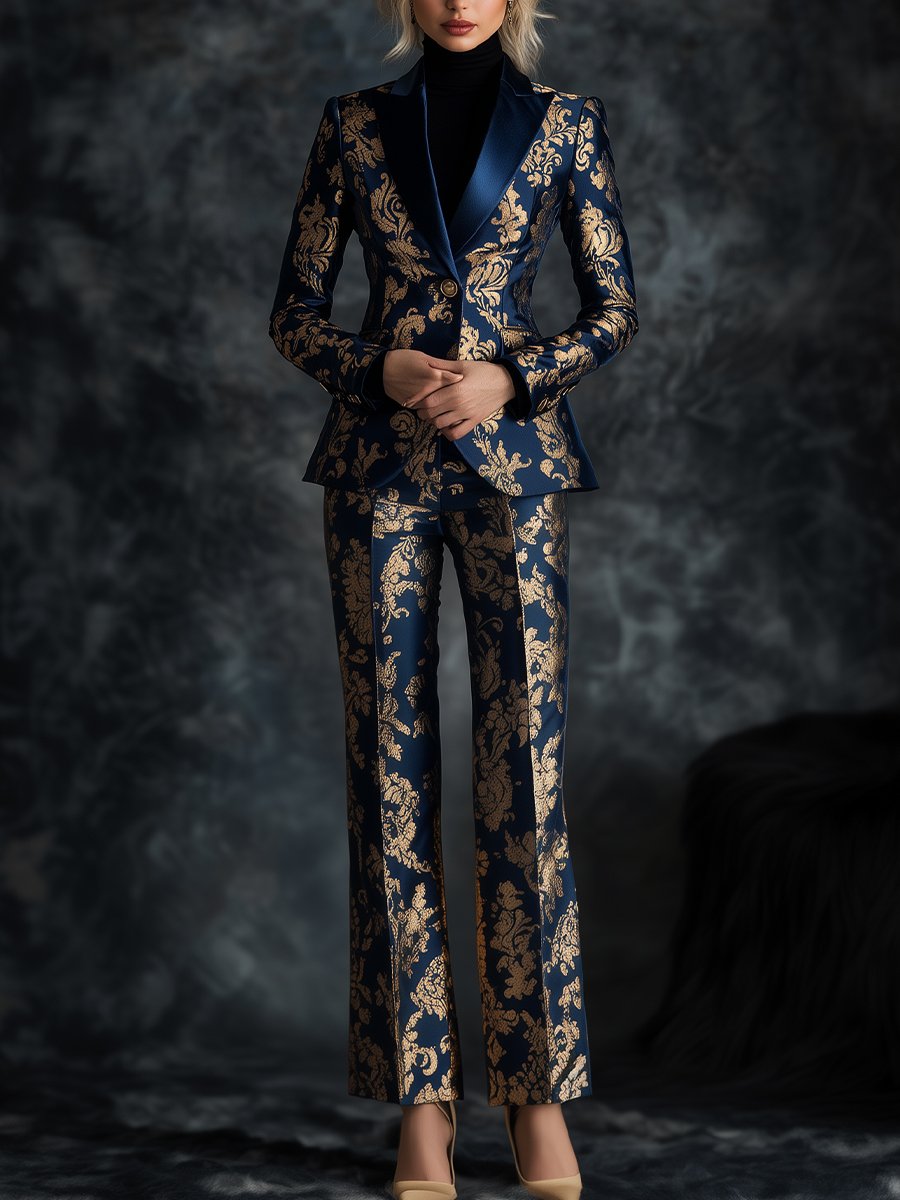 Opulent Royal Blue Jacquard Satin Suit with Golden Ornate Motifs