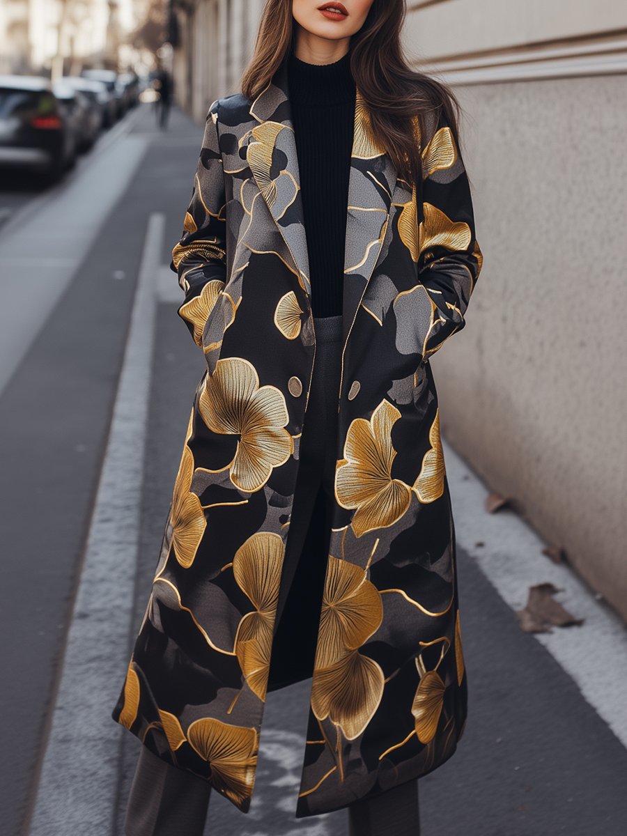 Black and Gold Satin Floral Printed Trench Coat