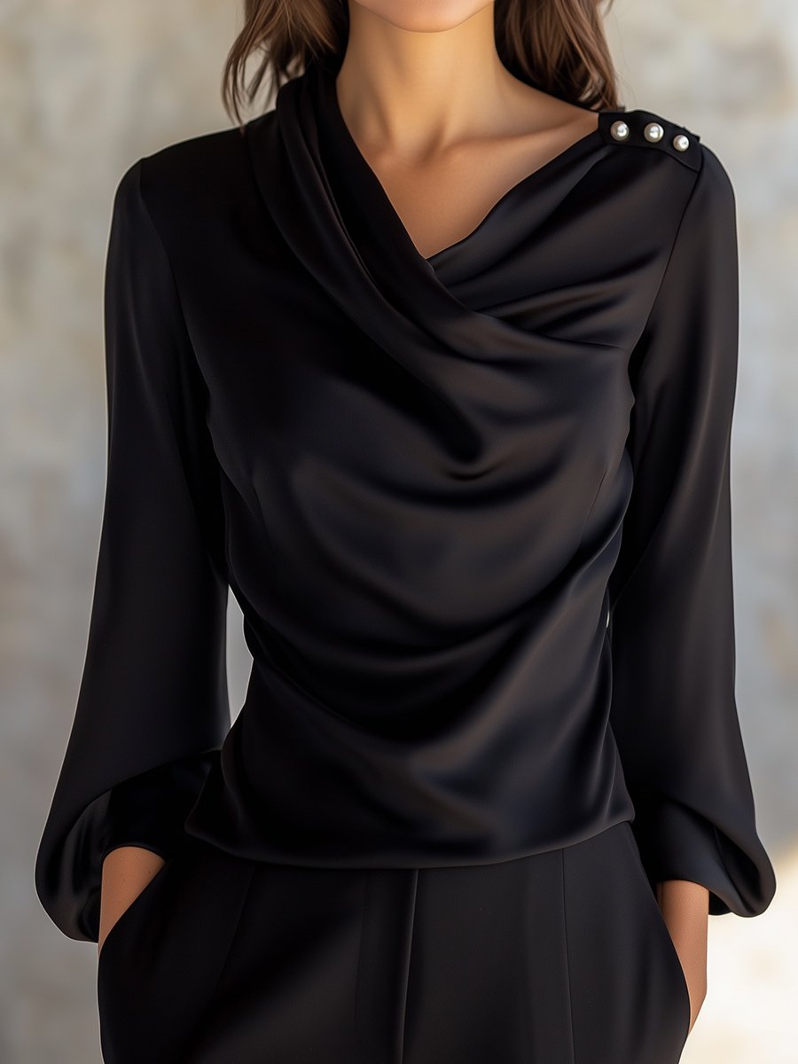 Black Satin Blouse with Pearl Details