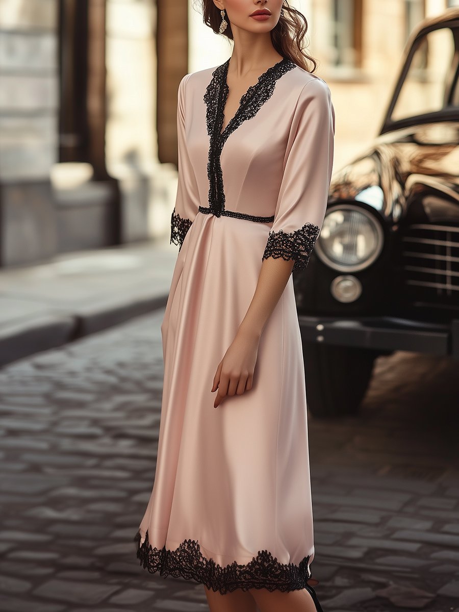 Blush Satin Midi Dress with Black Lace Details