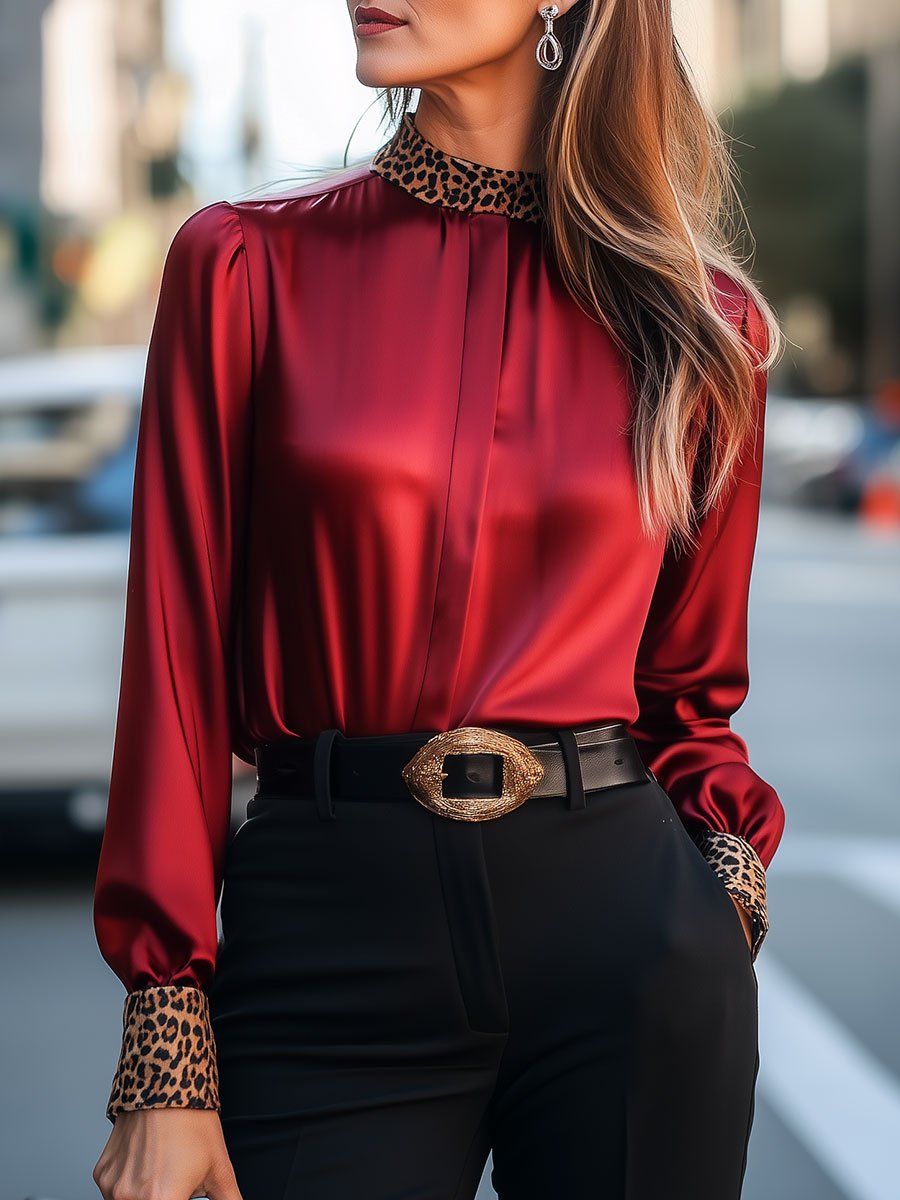 Statement Red Blouse with Leopard Print Collar and Cuffs