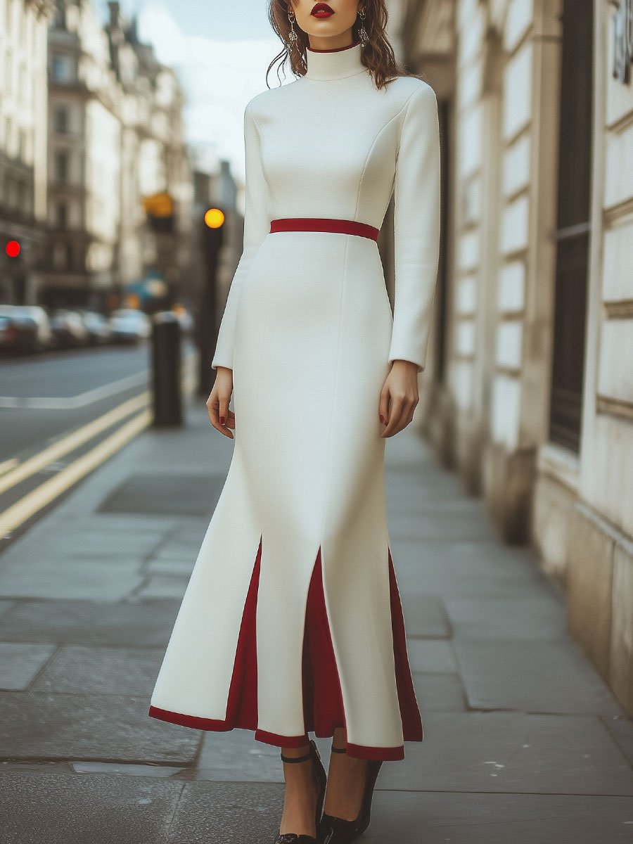 Elegant Ivory Maxi Dress with Bold Red Accents