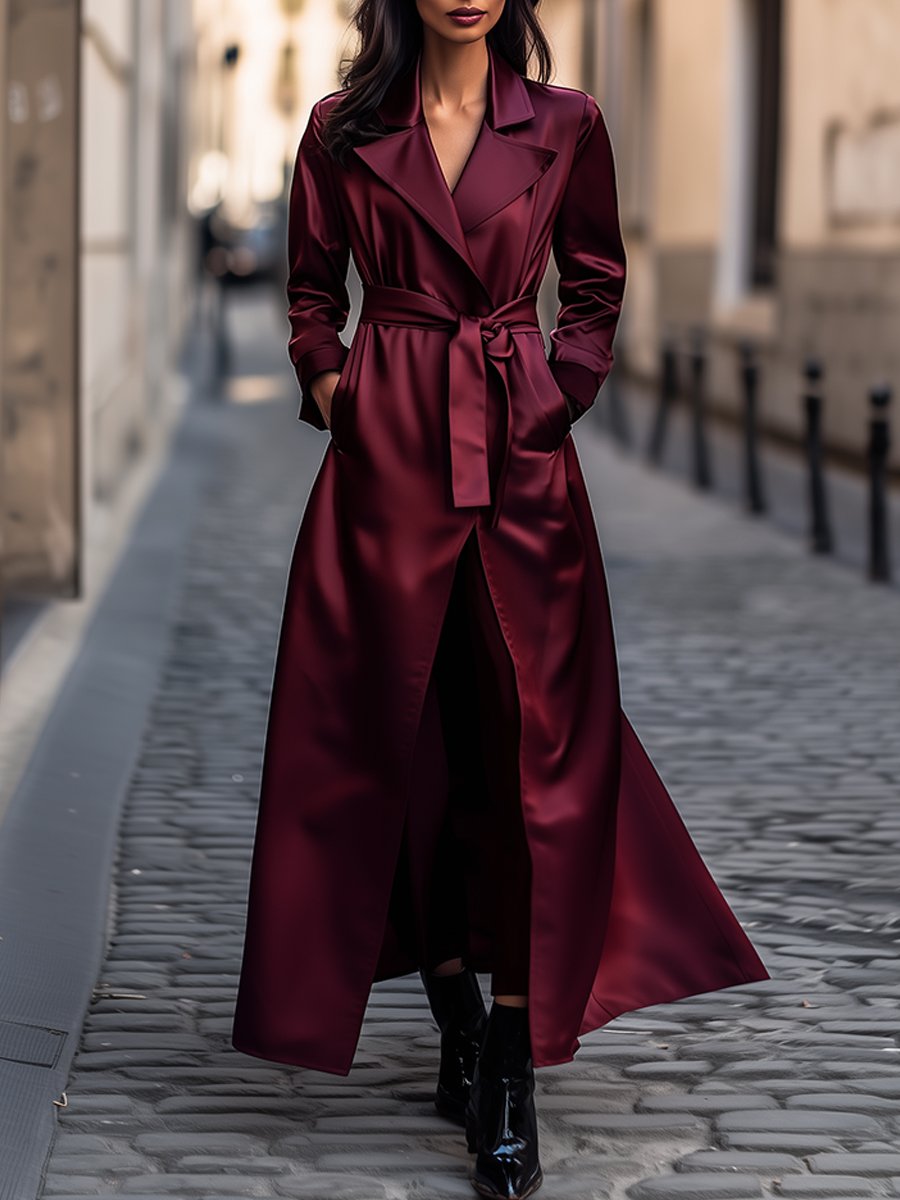 Elegant Long Burgundy Satin Coat for Fall Evenings