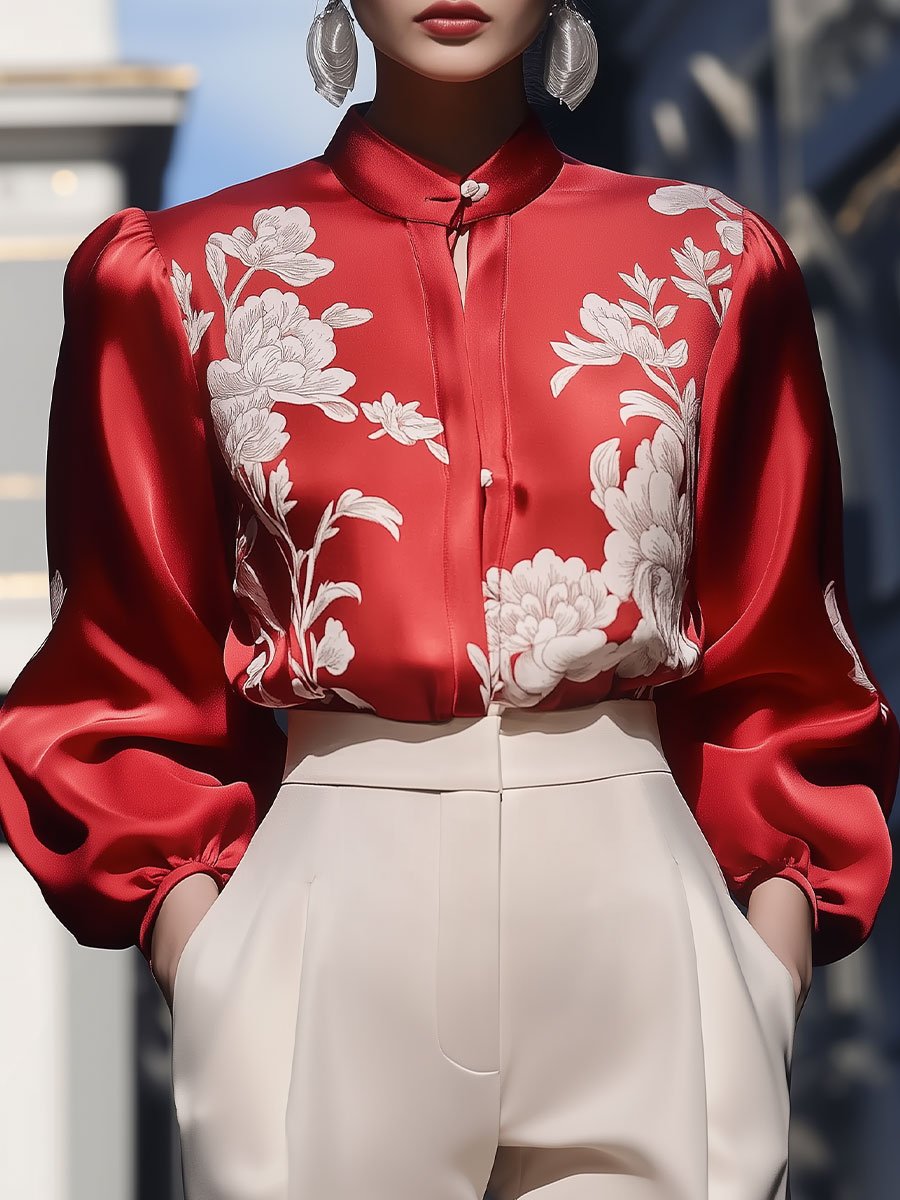 Floral Print Satin Blouse with Statement Sleeves