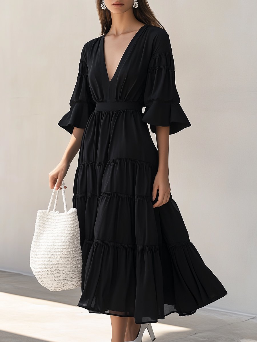 Black Tiered Midi Dress with Flowy Ruffled Sleeves