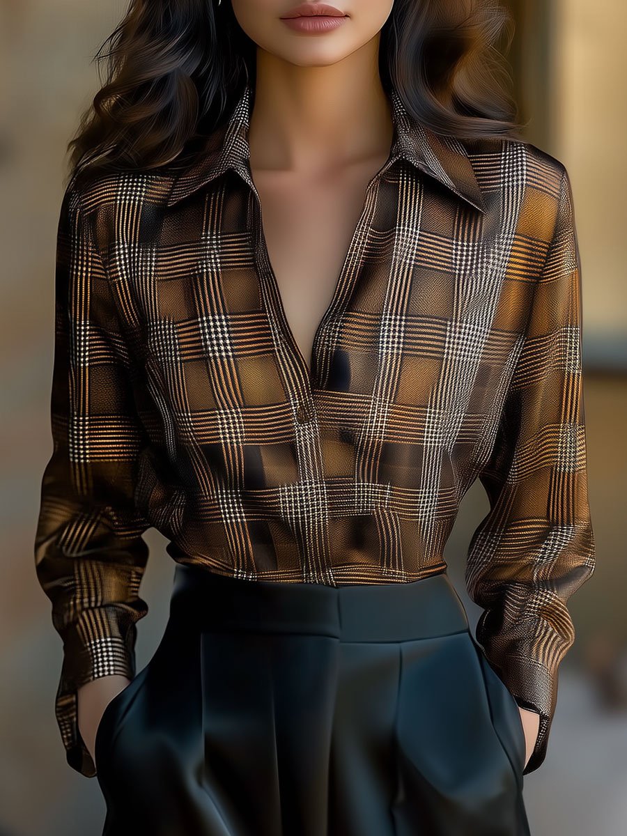 Sophisticated Plaid Satin Blouse