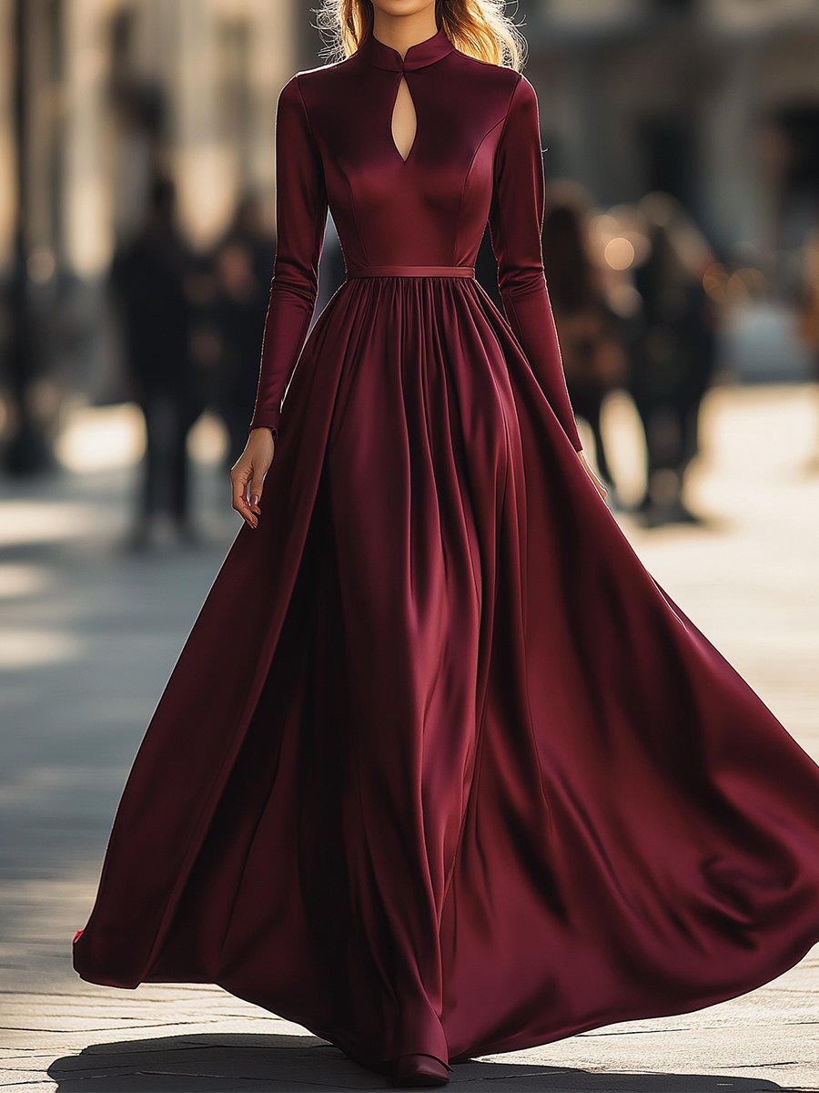 Burgundy Satin Maxi Dress with Keyhole Neckline