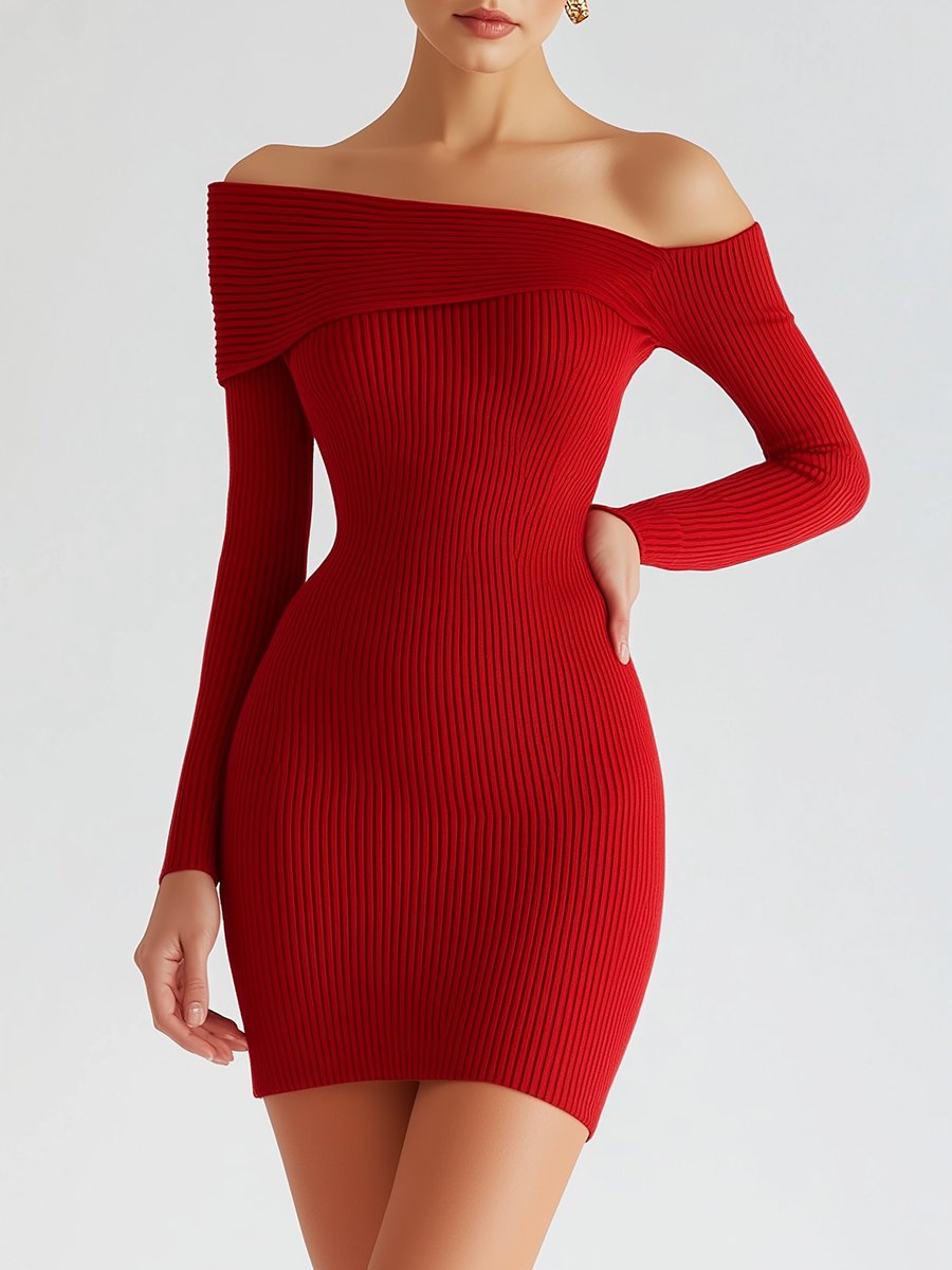 Ancora Red Off-Shoulder Ribbed Knit Bodycon Dress