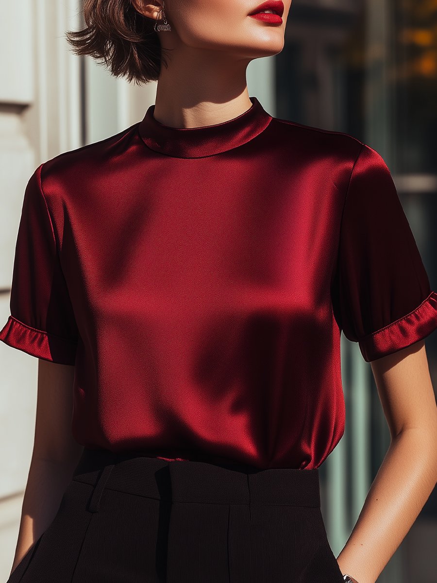 Ruby Red Satin Blouse with Ruffle Sleeves