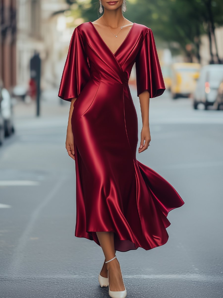 Elegant Red Satin Wrap Dress