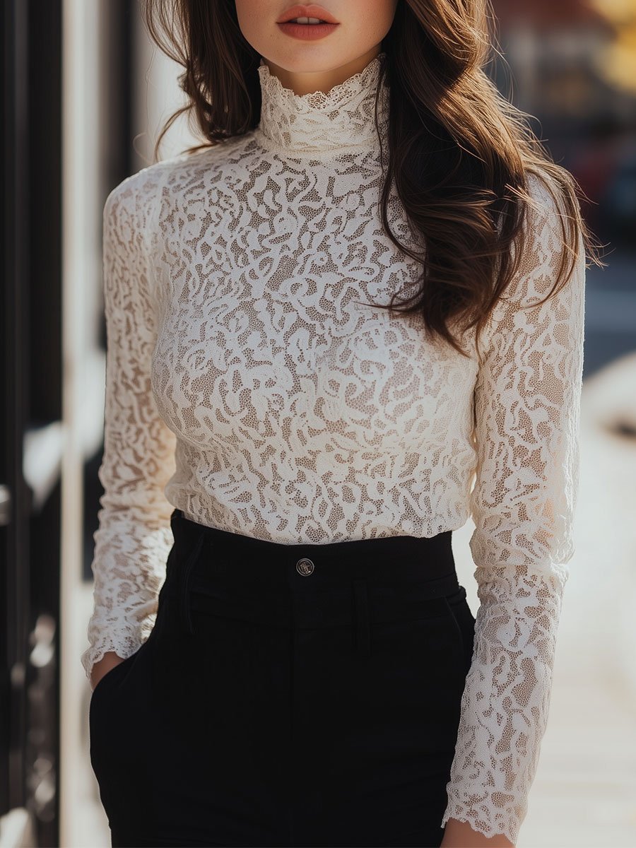 Chic Long-Sleeve Lace Top with Turtleneck