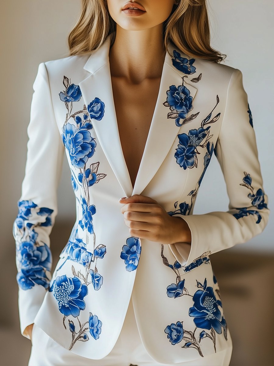 Elegant White Satin Blazer with Blue Floral Printed