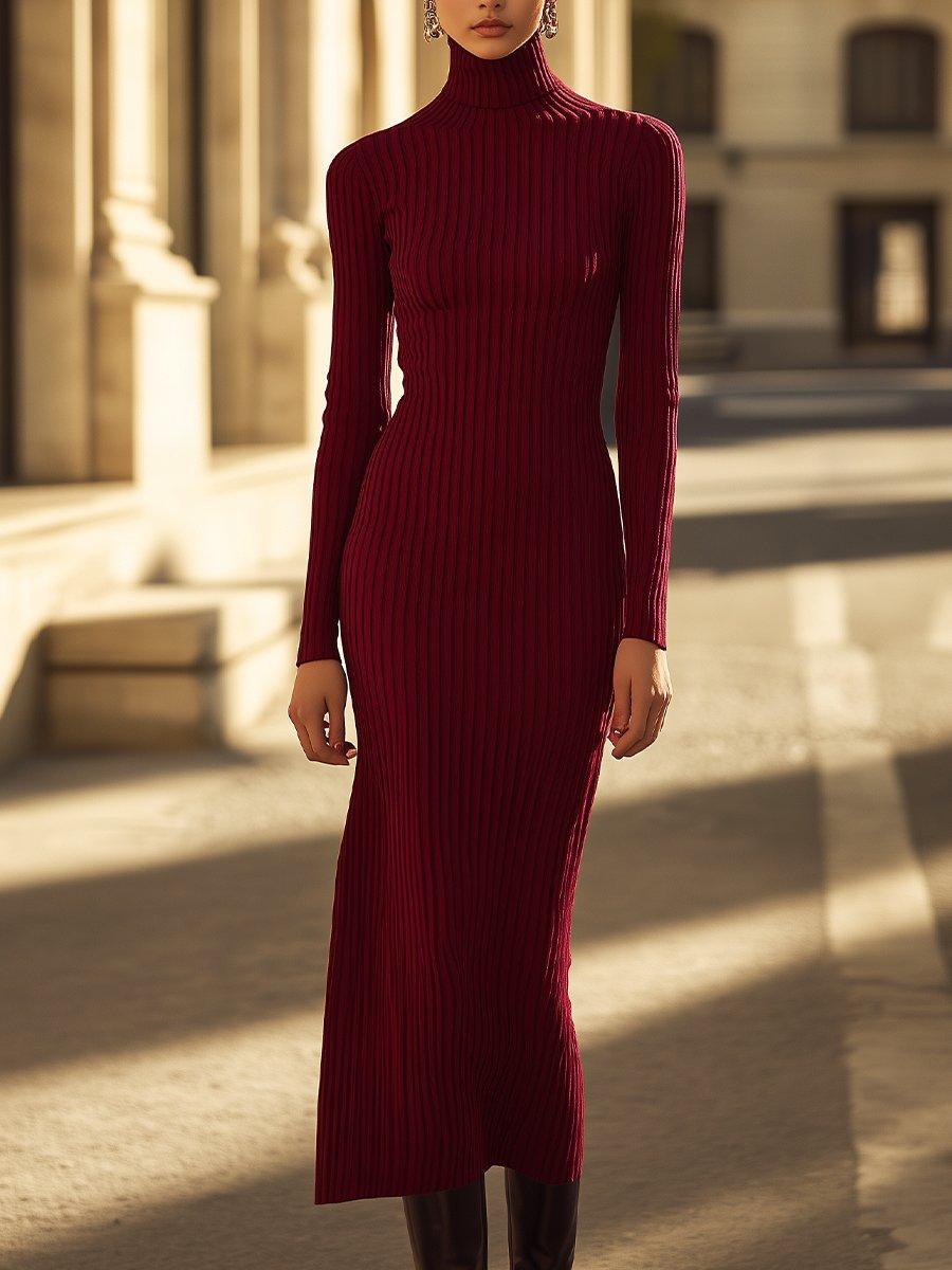 Ribbed Burgundy Bodycon Turtleneck Dress for a Bold Statement