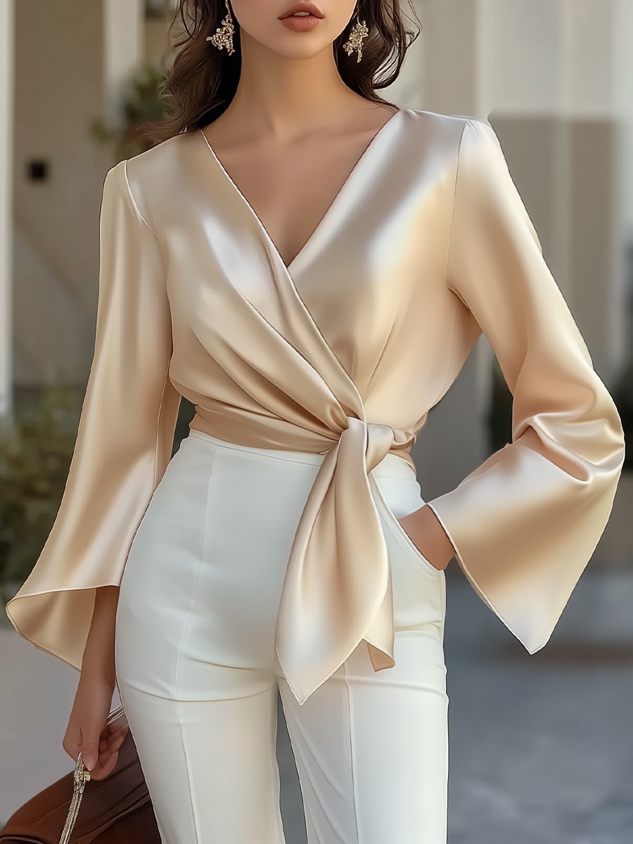 Luxurious Bell-Sleeve Satin Blouse in Soft Champagne