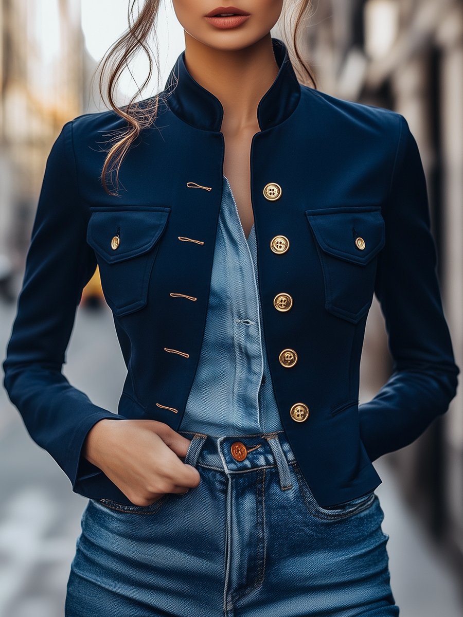 Structured Navy Blue Jacket with Patch Pockets and Gold Button Details